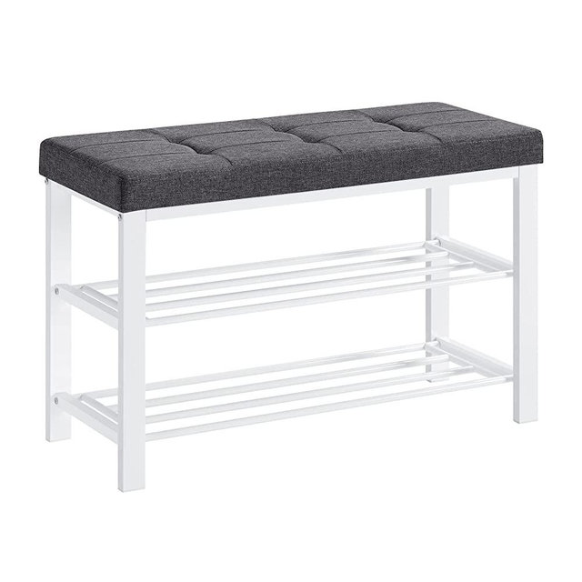 SONGMICS Shoe Bench, 3-Tier Shoe Rack for Entryway, Storage Organizer with Foam Padded Seat, Linen, Metal Frame, for Living Room, Hallway, 12.2 x 31.9 x 19.3 Inches, Gray and White ULBS057W01