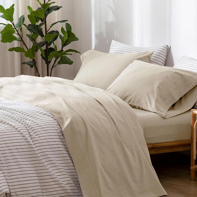 MooMee Bedding Sheet Set 100% Washed Cotton Linen Like Textured Breathable Durable Soft Comfy (Almond Milk Grey, King)