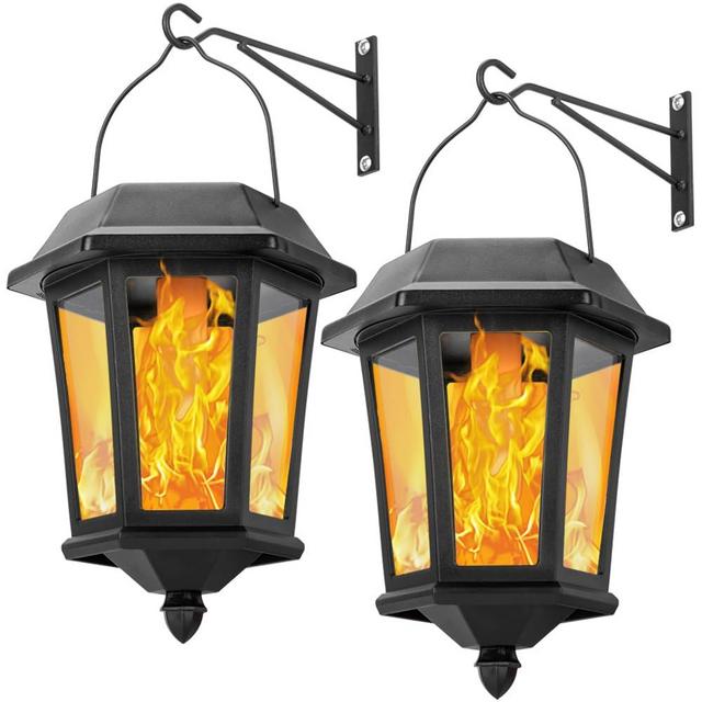 Solar Lanterns Outdoor Waterproof, Hanging Solar Lights with Glass Shade - 2 Pack LED Metal Wall Mount Outdoor Light for Yard/Garden/Patio - Flame