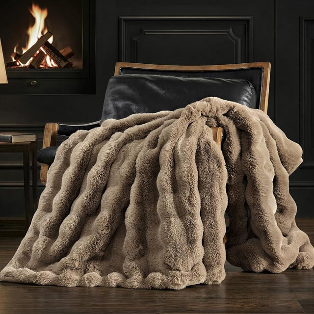 EverGrace Ultra Soft Luxury Fluffy Faux Rabbit Fur Throw Blanket, Thick Warm Bubble Throw for Bed, Cozy Plush Reversible Blankets for Couch, Chair, Sofa, Greige, 60x80 Inches