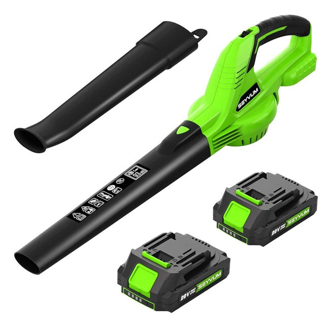 SEYVUM Leaf Blower, 20V Cordless Leaf Blowers with 2 x 2.0Ah Battery, Electric Blower for Lawn Care, 320 CFM 150 MPH Battery Powered, for Patio, Garden Cleaning, Fast Charger, Green