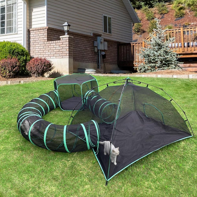 Pawtenda Cat Tents for Outside, Outdoor Green Cat Enclosures for Indoor Cat, Foldable Cat Tent with Tunnels for Outside, Portable Catio 4-in-1 Pet Playpen Including 2 Tents and 2 Tunnels