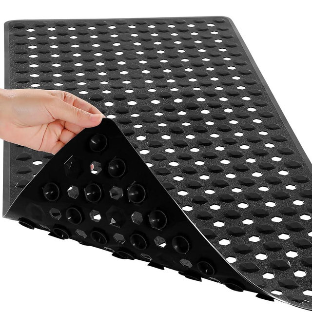 Yimobra Bathtub Mat Non Slip, 27.5"x15.5" Machine Washable Shower Floor Mat, Soft on Feet, Bathmat with Drain Holes and Suction Cups, Bathroom Essentials, Black