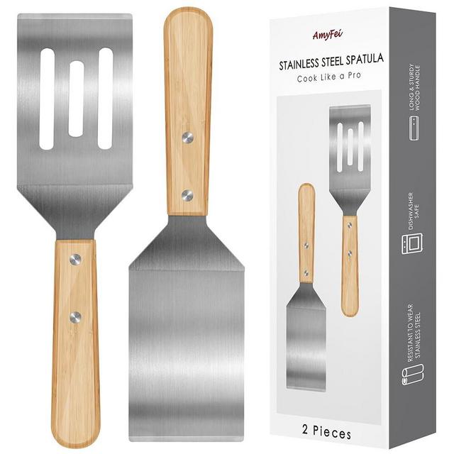 2 Pieces Stainless Steel Spatula Set,Metal Spatula for Cast Iron Skillet,Metal Spatula for Cooking with Wooden Handle,Metal Spatulas for kitchen use for Pancakes,Frying steak,Burger and Desserts