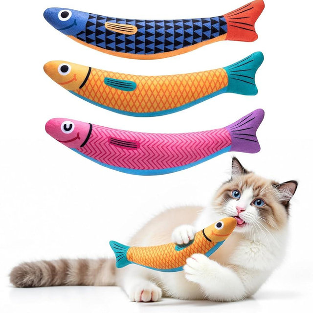 PetBusyInteractive Cat Toys with[5000mg Premium A+Catnip][Baby Grade] Soft Chew Kicker Cat Toys for Indoor Cats & Kittens, Crinkle &Rattle Fish Sound Toy, Drives Bored Cats Crazy with Fun,3 Pack