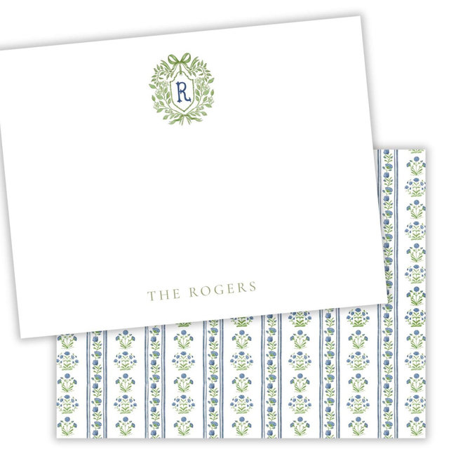 Personalized Family Crest Note Cards, Custom Monogram Stationery Set, Blue and Green Floral Notecards, Preppy Grandmillennial Thank You Card