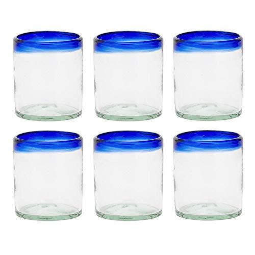 Amici Home Authentic Mexican Handmade Blue Rim DOF Glass, 12oz, Set of 6
