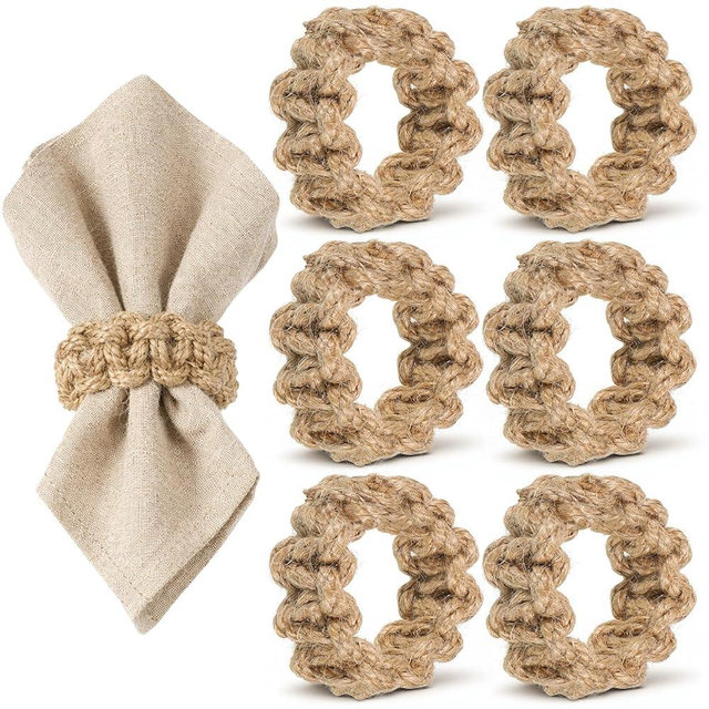 Burlap Napkin Rings Set of 6, Boho Linen Napkin Ring Holders Handmade Woven Rustic Farmhouse Napkin Ring for Christmas Wedding Table Decor