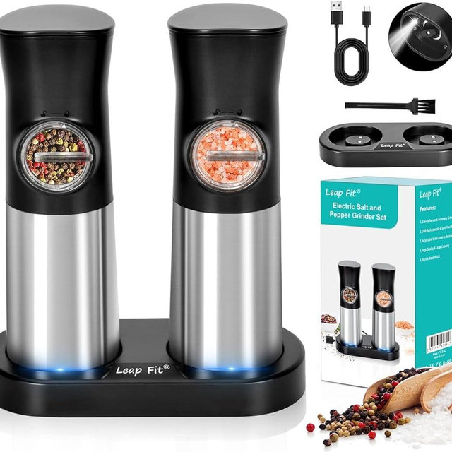 Electric Salt and Pepper Grinder Set: Gravity Pepper Mills USB Rechargeable - Automatic Spice Shakers Battery Operated with Light