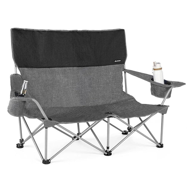 Huskfirm Low Camping Chair Lightweight Double Camping Chair Heavy Duty 2 Person Camping Chair with Cup Holders Padded High Back Camping Loveseat Supports 500 LBS-Grey