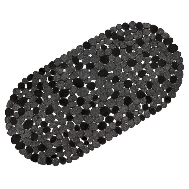 WELTRXE Pebbles Bath Mat for Tub Black Non-Slip Bathtub Mat with Suction Cups, Drain Holes for Bathroom Showers, Tub, Machine Washable, BPA, Latex Free Oval Shower Mats Bath Tub mat, 27 x 14 Inch