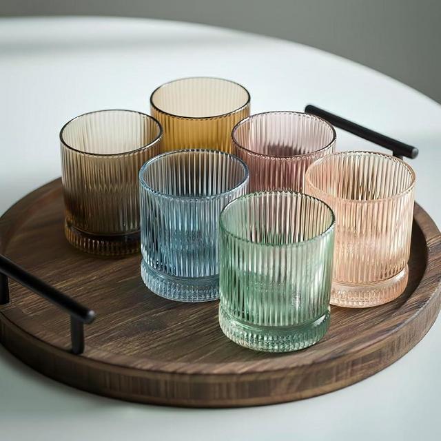 Physkoa Colored Ribbed Drinking Glasses Set of 6 - Vintage Highball Glasses Colorful,Embossed Ribbed Design Tumbler Glass for Cocktail,Juice,Mixed Drinks,Water,Holiday Party Supplies Gifts