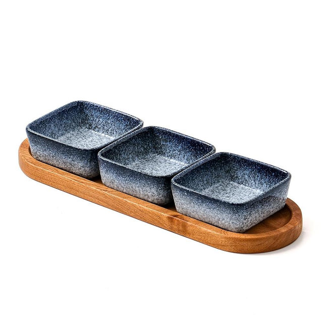 YJR Chip and Dip Serving Set, 3 pcs Ceramic Dipping Bowls with Wooden Tray, 3.5 Inch Small Serving Bowls for Side Dishes, Condiments, Dipping, Pre, Salsa, Entertaining, Party, Buffets, Blue