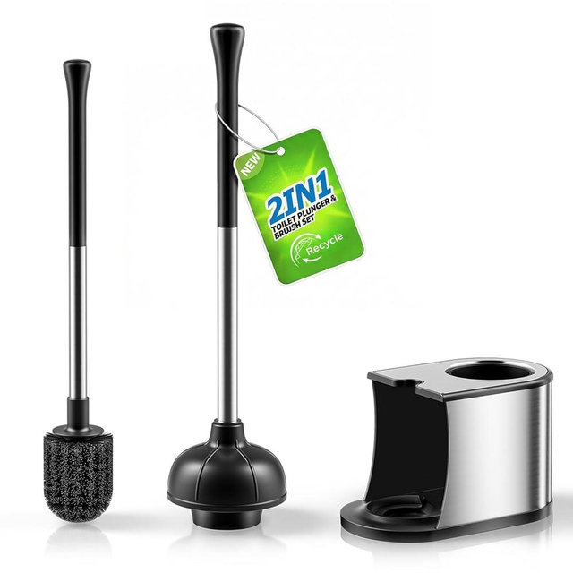 HAMITOR Toilet Plunger and Brush Set: Bathroom Powerful Cleaning Round Bristle Brush - Stainless Steel Heavy Duty Unclogging and Bowl Brush Combo - Compact Home Apartment Restroom Decor Accessories