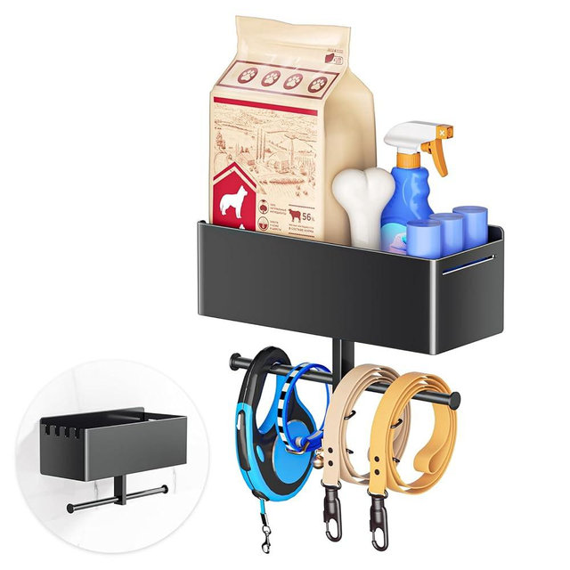 Dog Leash Holder for Wall, Pet Stuff Organizer with Shelf Storage, Metal Key Holder, Dog Leash Hooks Hangers Organizer Rack for Pet Collar, Toys, Treats, Poop Bag