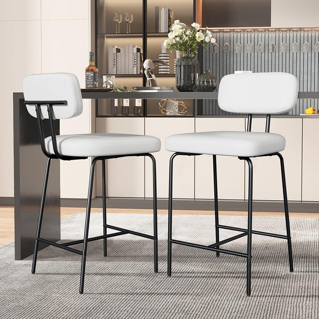 GXJ Counter Height Bar Stools Set of 2, 26" Faux Leather Kitchen Counter Stools with Backs, Metal Legs, Footrest, Bar Chairs for Kitchen Island, White