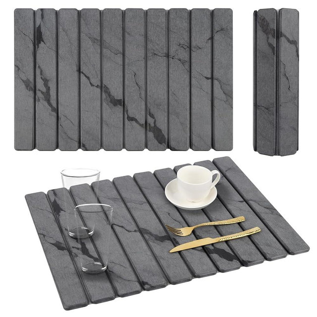 Stone Dish Drying Mat for Kitchen Counter, 24''×15'' Dark Grey Marble Dishes Drying Matt Kitchen Counter, Absorbent Diatomaceous Earth Bath Quick Dry Mats for Tableware, Bottles and Cup