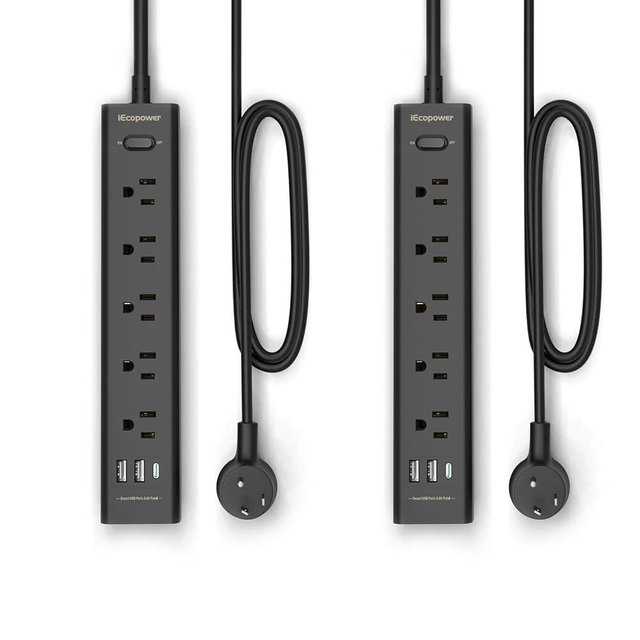 Surge Protector Power Strip 15 ft Cord-5 Widely Spaced Outlets 3 USB Ports(1 USB C Port),Power Strip Long Cord(1250W/10A),Power Strips with Surge Protection, Wall Mount for Home Office,Black(2 Pack)