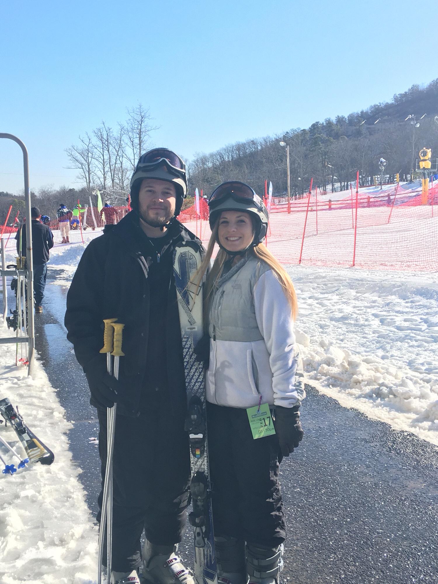 Stephanie's first time learning to ski, Joshua being a good and patient teacher