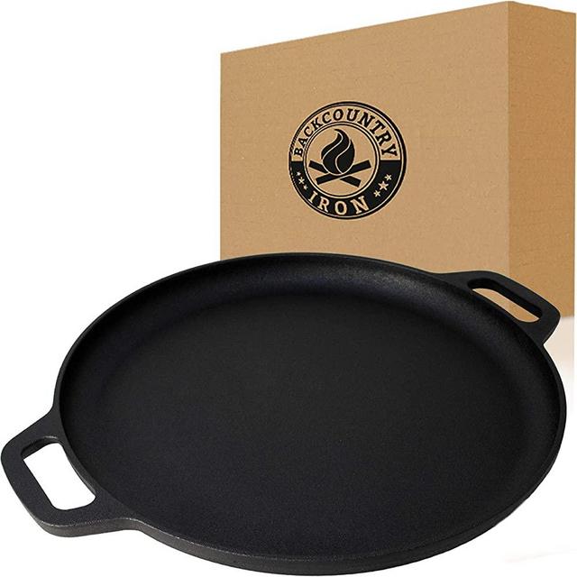 Backcountry Iron 13.5 Inch Cast Iron Pizza Pan with Loop Handles / Griddle / Even Heat Retention for Sauteing, Grilling, and Baking