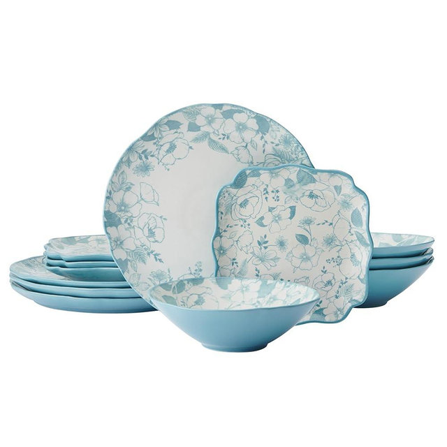 Pfaltzgraff Garden Blossom Floral 12 Piece Plate Bowl Dinnerware Set, Blue