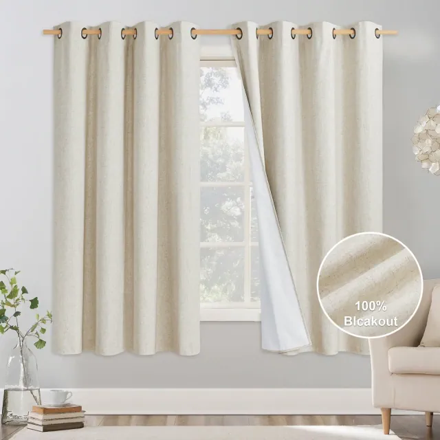 NICETOWN Blackout Noise Reducing Curtains, Linen Texture Grommet Window Treatments with Thermal Insulated Liner, 52W x 63L, Light Beige