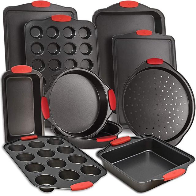 PERLLI Nonstick Bakeware Sets, 11 Piece Steel Baking Pan Tray Set with Silicone Handles Kitchen Oven Safe, Cookie Sheet, Muffin Pan, Cake Pan, Bread Loaf Pan, Brownie Pan w/Microfiber Cleaning Cloth