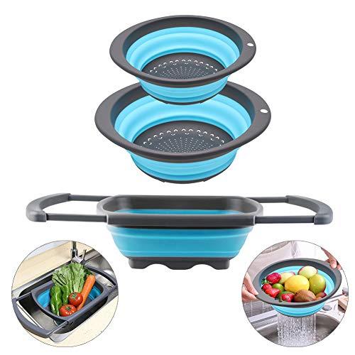 QiMH Collapsible Colander Set of 3-1pc 6 Quart Over the Sink Silicone Strainer - 1pc 4 Quart and 1pc 2 Quart Folding Strainers - Dishwasher Safe
