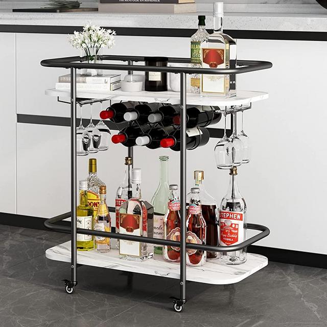 Benoss 2- Tier Bar Cart on Wheels, 33'' H Mobile Serving Wine Cart with Glass Holder and Wine Rack, Modern Rolling Drink Trolley for Coffee Tea Wine, Beverage Bar Cart for the Home Kitchen Party Black