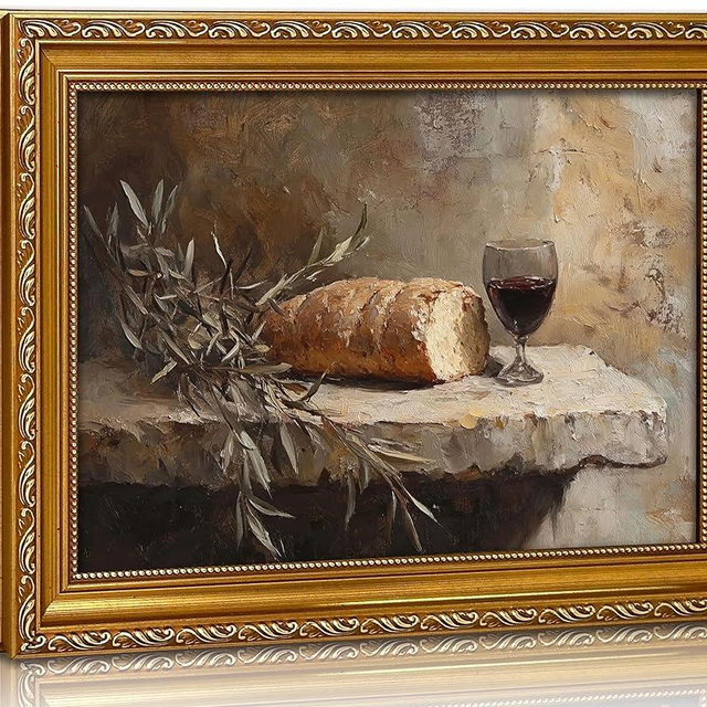 Vintage Gold Framed Wall Art, Communion Christian, Bread and Wine Religious Christian Wall Decor, Rustic Still Life Painting Print for Home Church, Rustic Religious Gift for Christians, 11L x 9W