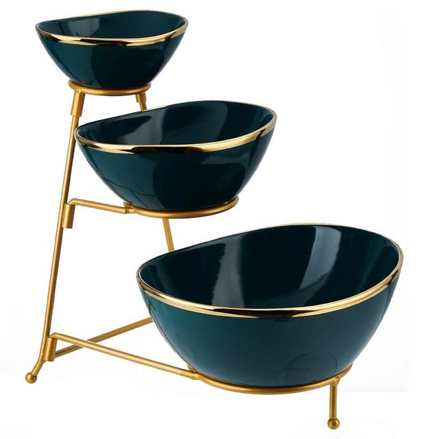 CHILDIKE 3 Tier Serving Stand Oval Porcelain Serving Bowls Set, Tiered Serving Dishes Bowl Set for Dessert Appetizer, Chip and Dip Set for Counter Food Display - Green and Gold Stand