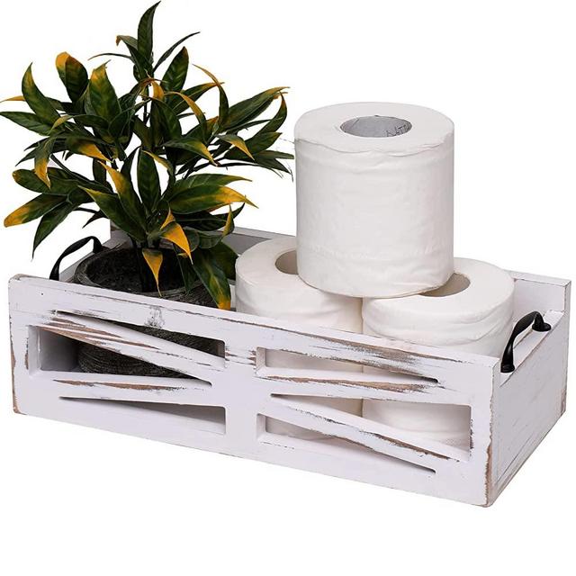 Bathroom Decor Box Toilet Paper Holder Wood Toilet Tank Box Toilet Paper Storage Basket,Farmhouse Kitchen Utensil Holder Caddy, Toilet Tank Tray,Rustic Home Decor - White