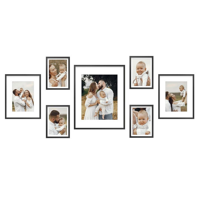 FrameWorks 7-Piece Deluxe Black Aluminum Contemporary Picture Frames with Tempered Glass – Includes Four 5”x7”, Two 8”x10”, and One 11”x14”