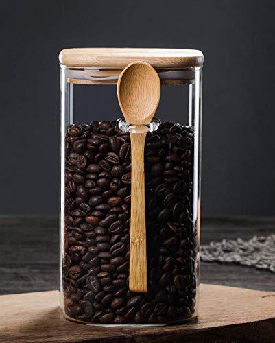 Glass Square Storage Jar with Bamboo Lids Spoons Glass Coffee Canister 40 Oz (1200 mL) Borosilicate Glass Food Container for Coffee Beans Nut Pasta Sugar Candy Spice Rice Loose Tea