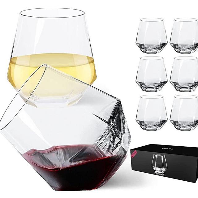 Wine Glasses Set of 6-Stemless Wine Glasses-Red and White Wine Glasses-Diamond Shaped Wine Cup-Unique Wine Glasses for Women,Men-Nice Packaging for Housewarming, Engagement, Birthday(10Oz)