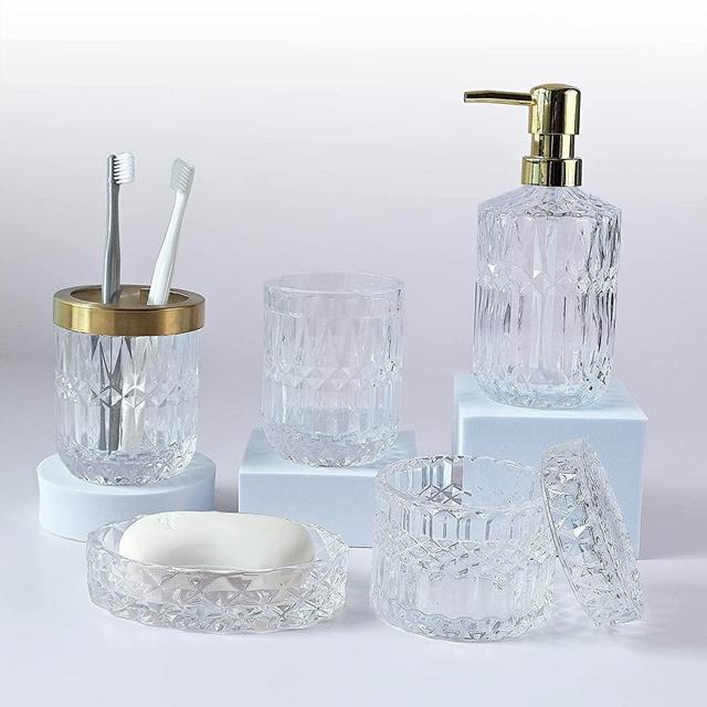 LaMarriti 5Pcs Glass Bathroom Accessories Complete Set, Lotion Dispenser, Soap Dish, Toothbrush Holder, Tumbler, Cotton Swab Jars, Modern Bathroom Decor and Gift Set, Clear