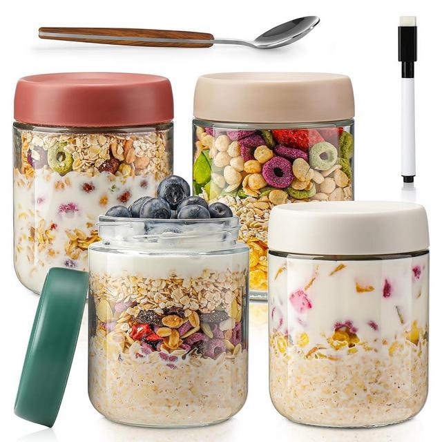 DIMBRAH Overnight Oats Containers with Lids, Mason Jars 16oz with Lids - Set Of 4, Practical Oatmeal Container to Go, Chia Seed Pudding Jars, with Spoon and Marker