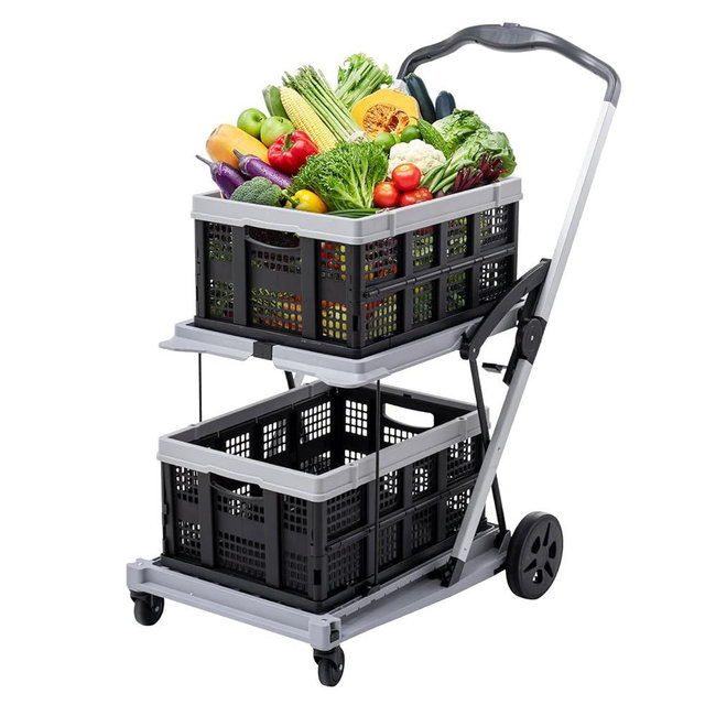 Collapsible Shopping Cart on Wheels, Folding Shopping Cart with 360° Swivel Wheels, Multi Use Utility Cart Adjustable Portable Trolley, Used for Picnic, Supermarket, Gray