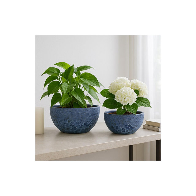 Modern Textured Rim Flower Pots for Home Decor Display - Modern Planters and Pots for Plants with Two-Tone Finish - Set of 2, 10", 13", Blue