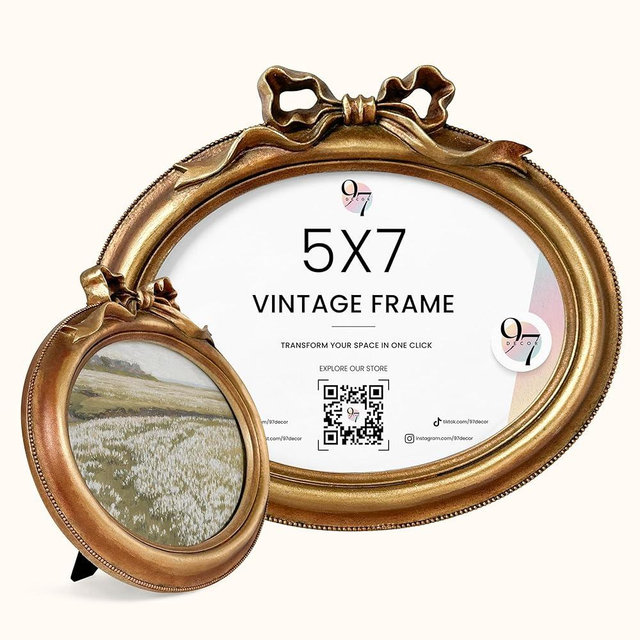 97 Decor Gold Oval Frame 5x7 - Vintage Picture Frames 5x7, Antique Bow Frame 5 x 7 With Glass Front For Tabletop Photo Display And Wall Hanging, Vintage Wall Decor