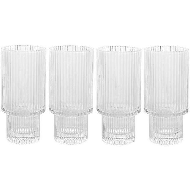 American Atelier Vintage Art Deco 11 oz. Fluted Drinking Glasses 4-Piece, Unique Cups for Weddings, Cocktails or Bar, Ribbed Glass Cup