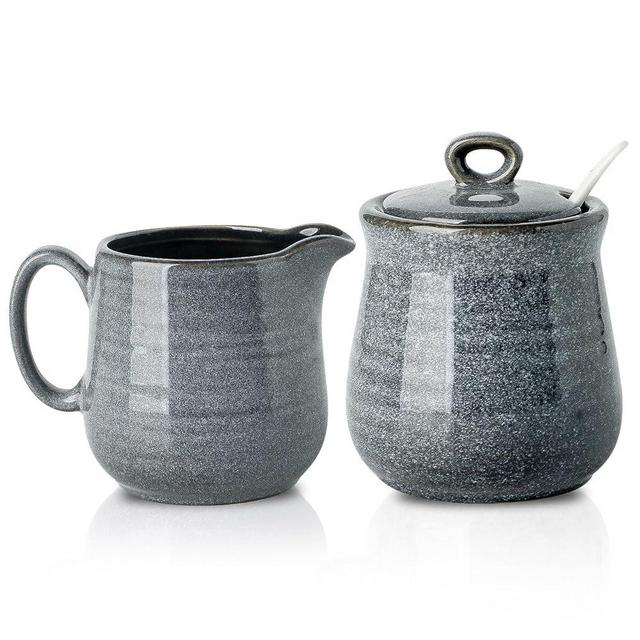 Hasense Porcelain Sugar and Creamer Set, 11 Oz Sugar Bowl with Lid and Spoon and10 Oz Cream Pitcher,Farmhouse Coffee Sets for Serving,Dishwasher Safe, Grey