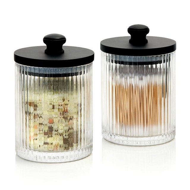 Mason & Fable Ribbed Glass Bathroom Jars | Set of 2 Farmhouse Style Storage Canister with Airtight Black Wooden Lids | Cotton Pad/Swab/Q tip Holder/Bath Salt/Clear Vanity