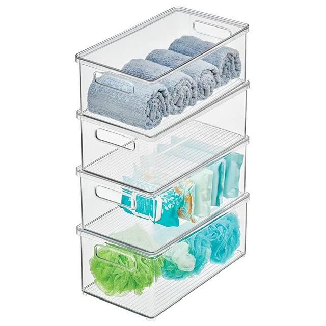 mDesign Plastic Storage Bin Box Container, Lid, Built-In Handles, Organization for Makeup, Hair Styling Tools, Accessories in Bathroom Cabinet, Cupboard Shelves, Ligne Collection, 4 Pack - Clear/Clear