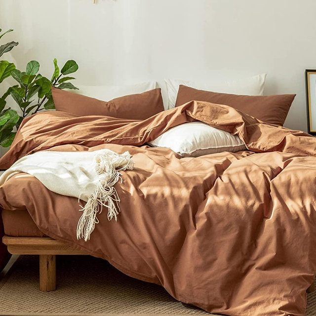 MooMee Bedding Duvet Cover Set 100% Washed Cotton Linen Like Textured Breathable Durable Soft Comfy (Dark Orange, Oversized King)