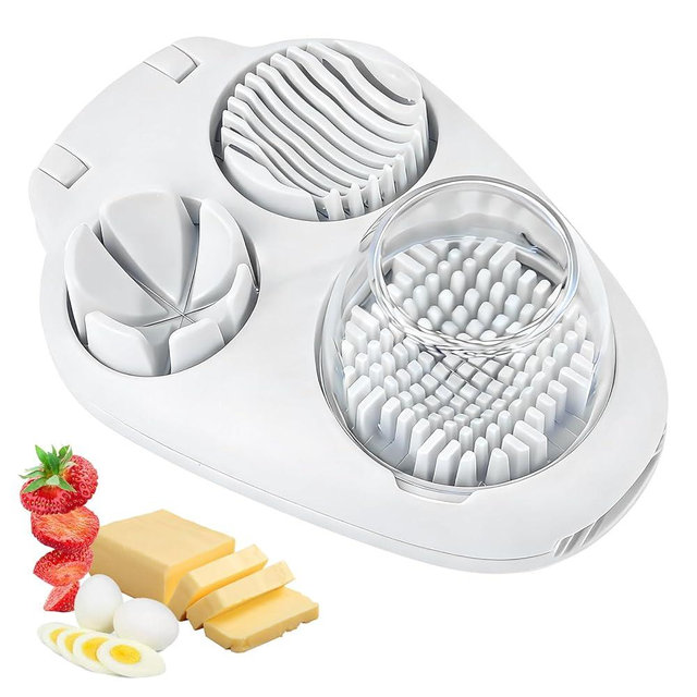 3 In 1 Egg Slicer For Hard Boiled Eggs, Strawberry Slicer Grape Cutter, 2026 New Stainless Steel 3 Slice Modes Egg Cutter, Dishwasher Safe Kitchen Slicer for Mushroom, Cherry (White)