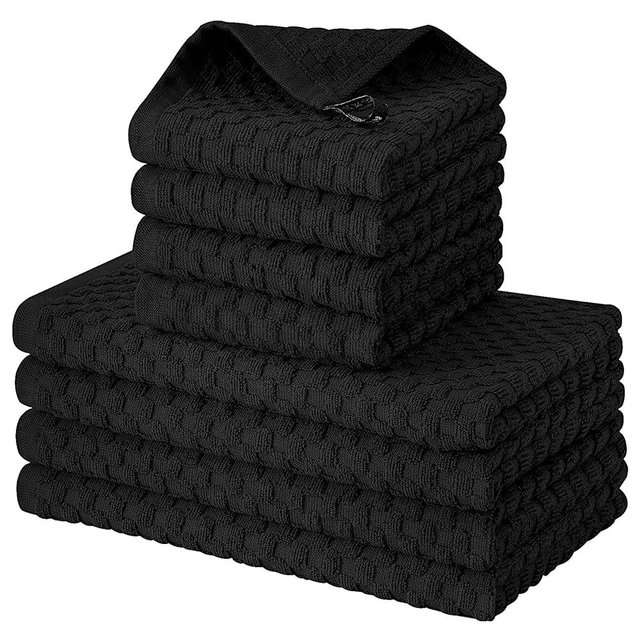 Fintale 100% Cotton Kitchen Towels and Dishcloths Set, 12 x 12 & 15 x 25 Inches, Set of 8 Bulk Super Soft and Absorbent Terry Cloth Dish Towels, Quick Drying Hand Towels with Hanging Loop, Black