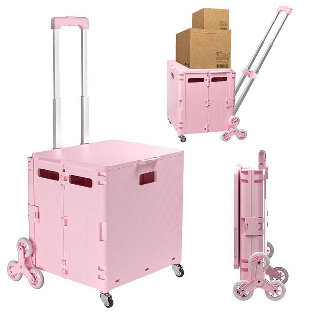 Folding Shopping Cart with Stair Climbing Wheels, 75L Grocery Cart for Stairs with Telescoping Handle, Portable Rolling Crate for Shopping, Teachers Move Book and Art Tool, Office File