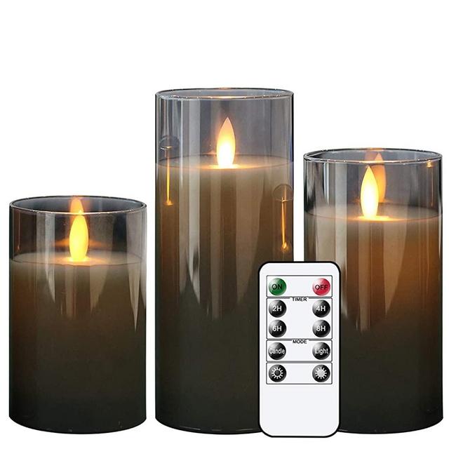 GenSwin LED Flameless Flickering Battery Operated Candles with 10-Key Remote Control, Real Wax Moving Wick Pillar Glass Candles for Festival Wedding Christmas Home Party Decor(Pack of 3, Gray)