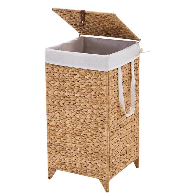 LGENHOOM Handwoven Laundry Hamper with Lid, Natural Hyacinth Heightened Feet Laundry Basket, Wicker Clothes Hamper with Removable Liner Bag (Natural-A, 65L)